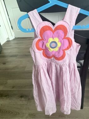 Mini Boden Pink Eyelet Dress with Colorful Flower Patch